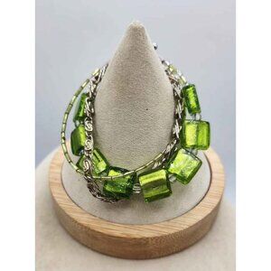 Triple Strand Green Square Bead & Chain Bracelet